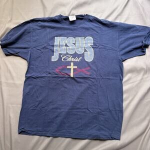 Vintage Christian Shirt XL Blue Jesus Christ Church Faith Cross Fish USA